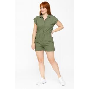 NWT Celebrity Pink Green Poplin Short Romper 2XL V-Neck Cinched Waist